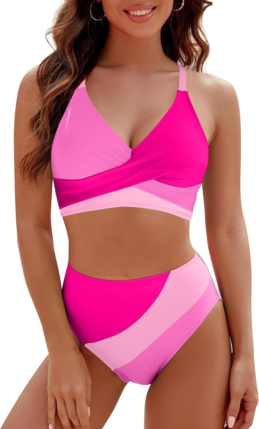 Wholesale Contrast Color 2-Piece Strappy Cross Bra Swimsuit